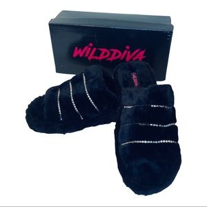Wild Diva Faux Fur Slides Slippers Black with Rhinestones 'Cupcake' Size 10
